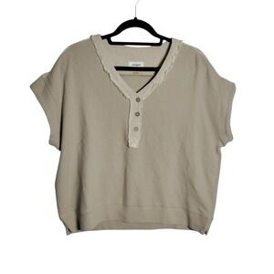 Umgee USA Womens Tan Waffle Knit Henley Top Mixed Media Linen Blend Size M